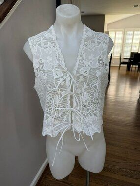 Zara Womens Festival Crochet Lace Vest White Tie VNeck Small